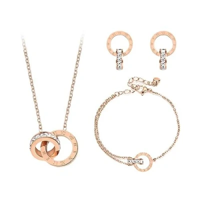Image of KBRPEY Jewellery Set for Women Necklace Bracelet and Earrings Double Circle Pendant Cubic Zirconia Round Interlocking gifts Her Wife Rose Gold(Rose Gold)