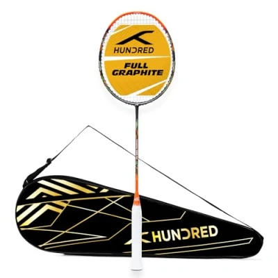 Image of HUNDRED Powertek 1000 PRO Graphite Strung Badminton Racquet with Full Racket Cover For Intermediate Players 95 grams Maximum String Tension 26lbs (Black/Orange)
