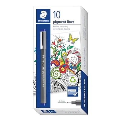 Image of STAEDTLER 308 03 3 Pigment Liner Fineliner Pen for Writing &amp; Technical Drawing Blue, 0.3mm (Box of 10)