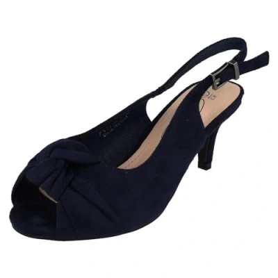 Image of Spot On Ladies Wide Fit Sling Back Shoes with A Kitten Heel F12110 Navy Textile UK Size 7EE EU 40 US 9