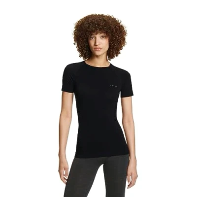 Image of FALKE Women&#039;s Wool Tech Light Round Neck W S/S TS Functional Yarn Quick Dry 1 Piece Base Layer Top, Black (Black 3000), XS