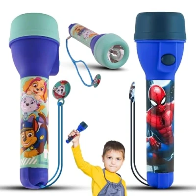 Image of 2x Battery Powered Kids Torches, Marvel Spiderman and Paw Patr0l LED Flashlights Torch, Big Torch with Attached Lanyard, 16cm Bright Night Light Toy for 3+Years Luminous Range: 3.5 Meter