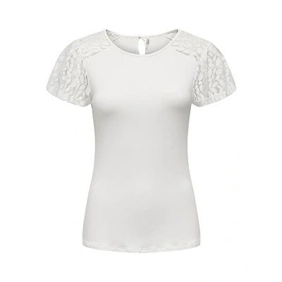 Image of ONLY Women&#039;s Onlkanye S/S Lace Mix Top JRS T Shirt, Cloud Dancer, Large