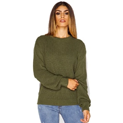 Image of Crazy Girls Womens Ladies Baggy Long Sleeve Knitted Plain Chunky Top Sweater Jumper S XL (M L, Khaki)