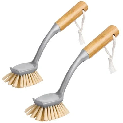 Image of MR.SIGA Radial Dish Brush with Long Bamboo Handle Built in Scraper, Scrubbing for Pans, Pots, Kitchen Sink Cleaning, Pack of 2