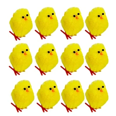 Image of 12PCs Easter Chicks, Mini Chicks Yellow Chenille Cute Fully Baby for Party, Egg Bonnet Decoration, Hunt Size 3.5cm