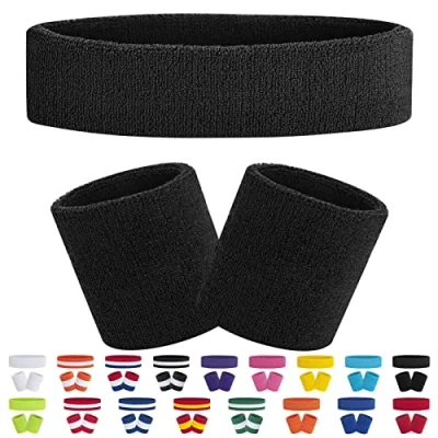 Image of FACATH Sweatband Set Black Sports Headband Wristband Sweatbands Terry Cloth Athletic Exercise Basketball Wrist Band Headbands Moisture Wicking Sweat Absorbing Cotton Stripped