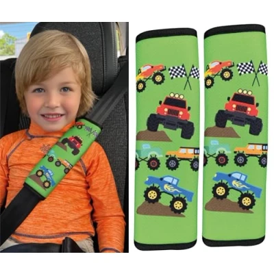 Image of HECKBO 2X Kids Car Seat Belt Pads Protectors Monster Truck for and Babies Ideal any Booster Bicycle