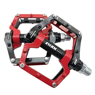 Image of Evetin 181 Platform Bicycle Pedals, Aluminium Mountain Bike/City Bike/Trekking Non Slip Black with Red