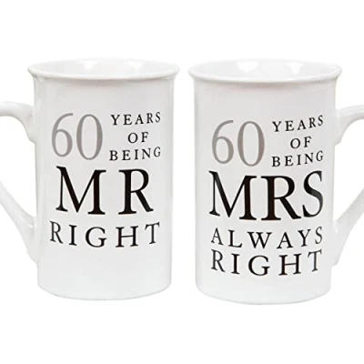 Image of Widdle Gifts Ltd 60th Anniversary Set of 2 China Mugs &#039;Mr Right &amp; Mrs Always Right&#039; Diamond