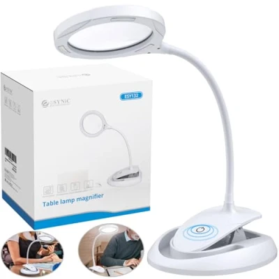Image of eSynic Magnifying Lamp Popular 5X 10x Glass with Light Hand Free Magnifier USB Rechargeable Desk Clamp Daylight LED 15 LEDs for Reading Craft etc