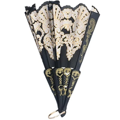 Image of MISUVRSE Black Spanish Wedding Lace Silk Folding Hand Held Flower Fan Large Decorative Fans For Party Wall Oriental