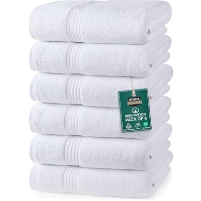Image of Utopia Towels Premium Hand 100% Combed Ring Spun Cotton, Ultra Soft and Highly Absorbent, Exrta Large Thick 41 x 71 cm, Hotel &amp; Spa Quality (6 Pack) (White)