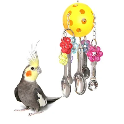 Image of Sotoboo Ball Parrot Chew Toy with Stainless Steel Metal Spoons Boredom Breakers for Bird Macaw African Grey Eclectus Budgies Parakeet Cockatoo Cockatiel Conure Lovebird Canary Cage