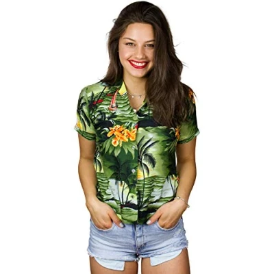 Image of King Kameha Funky Hawaiian Blouse Shirt, Shortsleeve, Print Surf, DarkGreen, XS