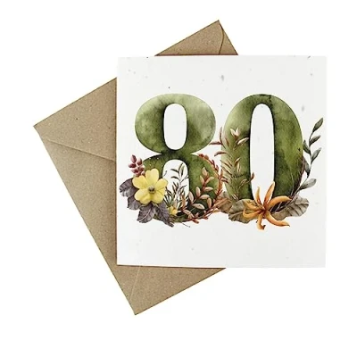 Image of Plantable 80th Birthday Card Floral Eco Friendly Wildflower Seeded Eightieth Gift