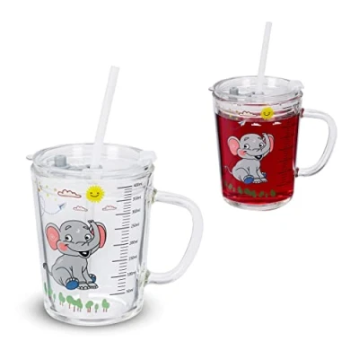 Image of Relaxdays 2X Children&#039;s Cups, Elefant Motif, Drinking Glass for Kids, with Handle, Lid &amp; Straw, 400ml Scale, Transparent, 12 x 12.5 9.5 cm
