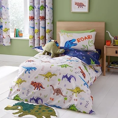 Image of Catherine Lansfield Prehistoric Dinosaurs Reversible Single Duvet Cover Set with Pillowcase Natural