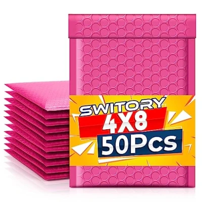 Image of Switory 50pcs 10.2x17.7cm Poly Bubble Mailers, 4X7 Inch Padded Envelopes Bulk #000, Lined Wrap Polymailer Bags for Shipping Packaging Mailing Self Seal Pink