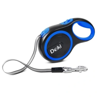 Image of DOKI XL Large Retractable Dog Lead, 8m/26FT Reflective Strong Nylon Tape Ribbon Leash, One Button Brake&amp;Lock Extendable Lead for Small Medium Dogs (Blue)