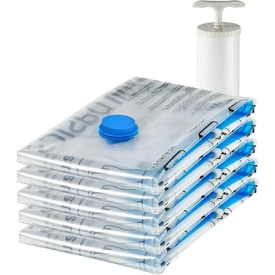 Image of Amazon Basics Vacuum Compression Zipper Storage Bags with Airtight Valve and Hand Pump, Medium, 5 Pack, Clear