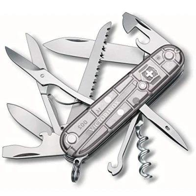 Image of Victorinox Huntsman Swiss Army Knife, Medium, Multi Tool, Camping 15 Functions, Large Blade, Bottle Opener, Silver Transp.