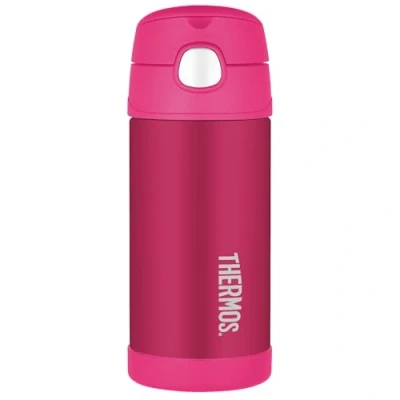 Image of Thermos Pink Water Bottle (355ml) BPA Free, Stainless Steel, Spill Proof, Pop Up Straw, Kids Flask with Personalised Name Labels &amp; Carry Handle for 12 Hour Cold Drinks