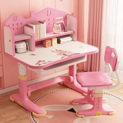 Image of latcppx Kids Study Desk and Chair Set, Height Adjustable Children School Widened Desktop Learning with Castle Backboard Bookstand Storage Drawer for Boys Girls Reading Writing Pink