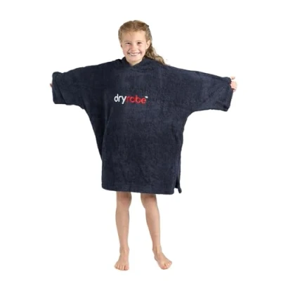 Image of Dryrobe® Organic Towel Swim Robe Short Sleeve Hooded Surf Poncho Changing Cotton for Swimming, Beach, Surfing Childs Age 10 13 Navy