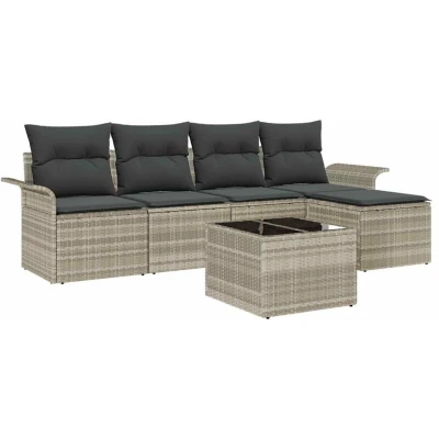 Image of vidaXL 6 Piece Garden Sofa Set with Cushions Grey Poly Rattan