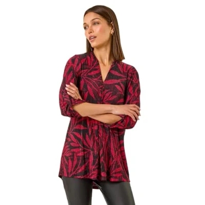 Image of Roman Originals Leaf Print Pleated Top for Women UK Ladies Everyday Autumn Winter V Neckline Comfy Soft Evening Vacation Work Party Night Out Red Size 10