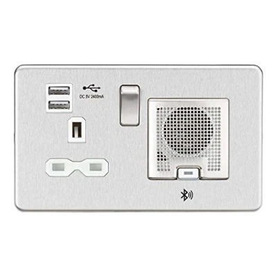 Image of KnightsBridge Screwless 13A socket, USB chargers (2.4A) and Bluetooth Speaker Brushed Chrome White Inserts