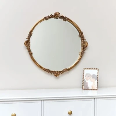 Image of Melody Maison Ornate Antique Gold Round Wall Mirror For Living Room, Bedroom, Bathroom, Hallway French Styling 56cm x