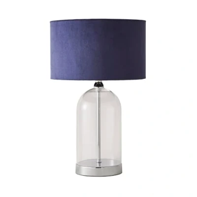 Image of Glass and Silver Chrome Metal Bedside Table Lamp with a Navy Blue Velvet Lampshade Living Room Bedroom Light
