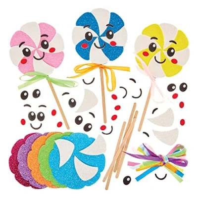 Image of Baker Ross FX703 Lollipop Mix and Match Decoration Kits Pack of 8, Kids Foam Arts Craft Kits, Blue,Green,Orange,Pink,Purple
