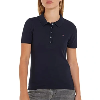 Image of Tommy Hilfiger Women 1985 Slim Piqué Short Sleeve Polo Shirt Fit, Blue (Desert Sky), L