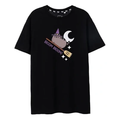 Image of Pusheen Womens Halloween T Shirt Adults Black Short Sleeve Broom Graphic Tee The Cat Witch Costume Fun Seasonal Top Cute &amp; Spooky Holiday Cartoon Gift for Women