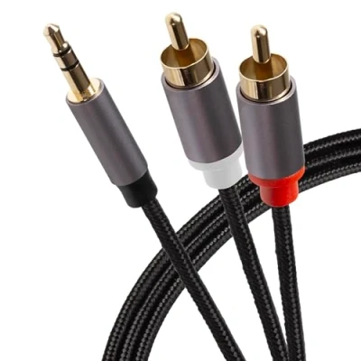 Image of Maplin Pro 3.5mm Aux Stereo 3 Pole Jack Plug To Twin Rca Phono Braided Cable Black, 5m
