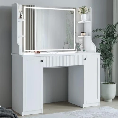 Image of Dripex Dressing Table Vanity Desk with Mirror and Drawers Makeup Shelves Storage Adjustable Brightness Cosmetic Bedroom Dresser Furniture (White, L)