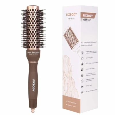 Image of FIXBODY Round Barrel Hair Brush with Boar Bristles, Nano Thermal Ceramic Coating &amp; Ionic Tech for Drying, Styling, Curling, Straightening, Volume and Shine (2.5&quot; 1.3 Inch)