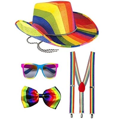 Image of Mega_JumbleSale® Adult Rainbow Gangster Cowboy Felt Hat, Bow Tie, Braces &amp; Sunglasses Gay Pride Fancy Dress Set Festival Unisex Carnival Multicolored Up