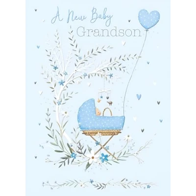 Image of Noel Tatt &#039;New Baby Grandson&#039; Congratulations Card in Pram with Heart Balloon and Flowers Eco Friendly Recyclable Made England
