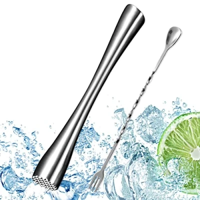 Image of FAEFTY Cocktail Muddler Stainless Steel with Mixing Spoon, Mojito Masher, Ice Crusher Pestle for Kitchen, Bar, Restaurant, 26 cm