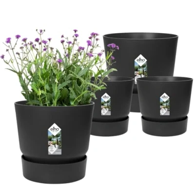 Image of elho Greenville Round Flower Pots with Integrated Water Reservoir Indoor &amp; Outdoor 100% Recycled Plastic Set of 4 Ø 14, 16 cm Black/Living Black