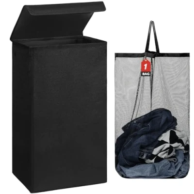 Image of DOKEHOM 100L Laundry Basket with Lid and Removable Bags, Large Collapsible Hamper for Bedroom, Bathroom, Room, Colloge (Black)