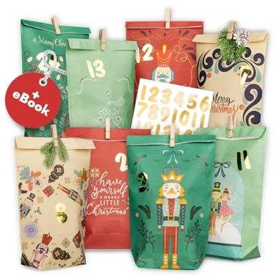 Image of AMARI ® Advent Calendar for Filling Nutcracker 24 Paper Bags (with Wooden Clips) Crafts Christmas