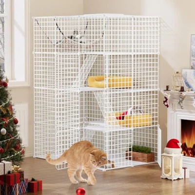 Image of YITAHOME Large Cat Cage Indoor, Enclosure Metal Wire 4 Tiers Kennels with Doors, 3 Ladders, DIY Playpen Catio Hammock, Animals Cages for 1 Cats Bunny, White,107x72x142cm