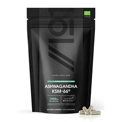 Image of Organic Ashwagandha KSM 66® with BioPerine® 1650mg 5% Withanolides Most Bioavailable Full Spectrum Root Extract Not Tablets or Powder 60 Vegan Capsules Bag