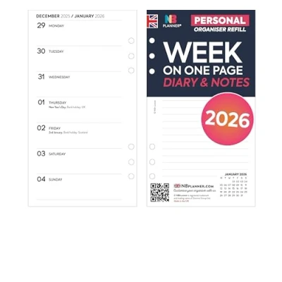 Image of 2026 Week on one page diary &amp; lined notes organiser refill white UK holidays Filofax PERSONAL size COMPATIBLE (2026 page)