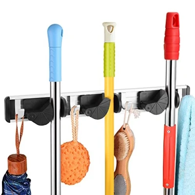 Image of Mop and Broom Holder Wall Mounted Rack Hanger Sweeping Brush Organizer with for Closet, Rakes, Garden, Sports Equipment , Garage Storage Shelving Ideas( 3 Position 4 Hooks)